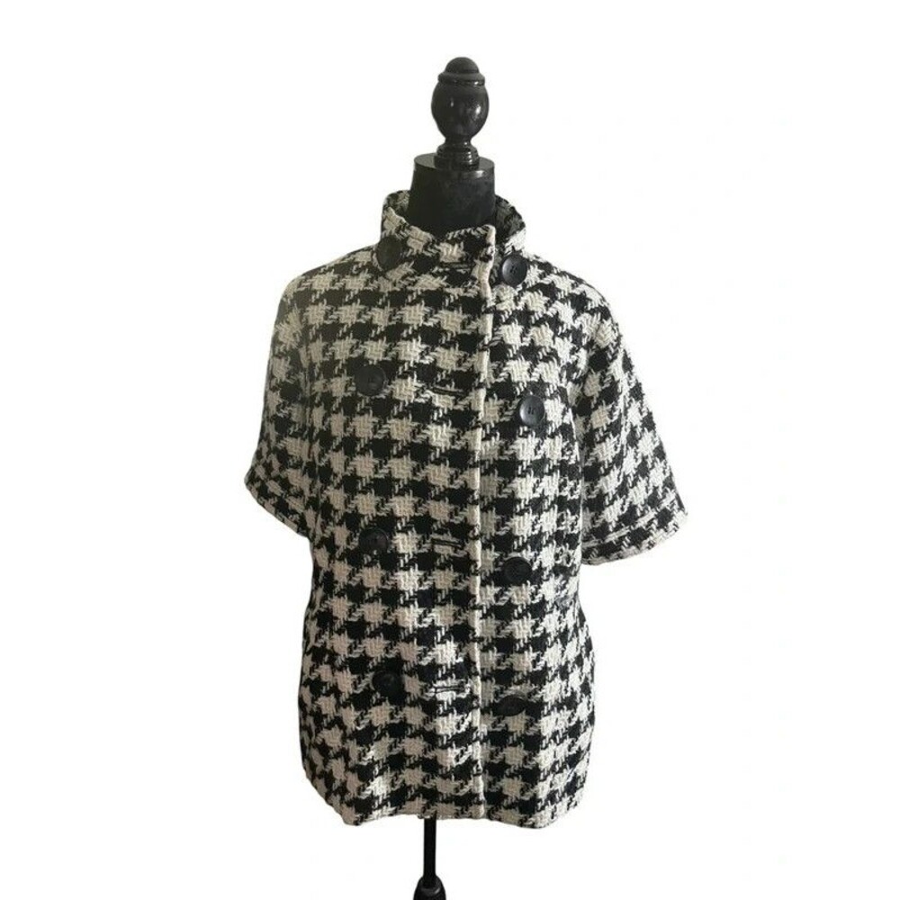 Worthington Black & White Houndstooth Short Sleeve Double Breasted Pea Coat